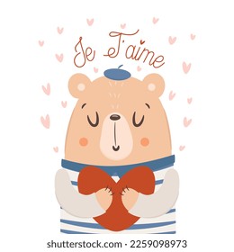 Je T'aime. Cute bear holding big heart. Valentine's day card concept. Vector Illustration