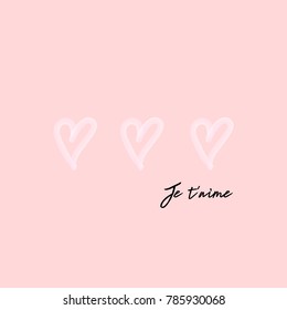 Je t'aime. Hand drawn love you in french with watercolor hearts. Modern brush calligraphy quote about Love. For Valentine's Day Design, Wedding Invitation, postcard, Poster, Banners. Typography design