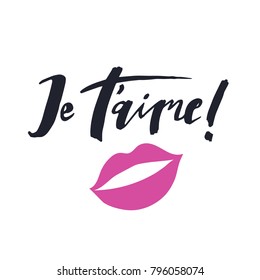 Je t'aime. Hand-lettering quote "I love you" in French. Modern calligraphy, grunge texture. Hand-written vector illustration. T-shirt & greeting card design.