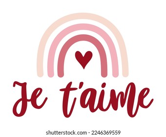 Je t'aime (te amo en francés) moderna caligrafía de pincel. Romántica frase escrita a mano. Grabación de dibujos a mano para el día de San Valentín, postales de boda, tarjetas de felicitación, afiches, impresiones. Aislado sobre blanco