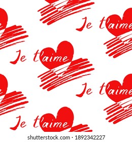 Je t'aime - inscription in French "I love you". Seamless pattern of the hand-drawn calligraphy, blue strokes and pink hearts. Vector illustration.