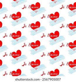 Je t'aime - inscription in French "I love you". Seamless pattern of the hand-drawn calligraphy, blue strokes and pink hearts. Vector illustration.