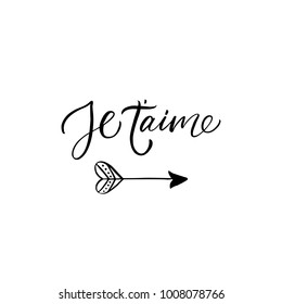 Je t'aime - I love you in french- modern brush calligraphy. Isolated on white background.