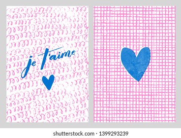 Je t`aime. I love you in french. Set of 2 design templates. Art for social media and apparel. Hand drawn brush lettering. Inspirational quote. Ready-to-use design. Vector illustration.