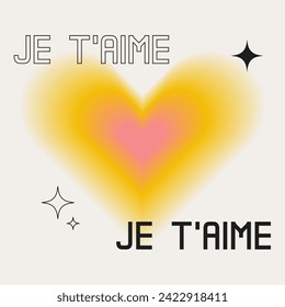 Je t'aime - I love you in french. y2k trendy gradient heart with love text in french language. Vintage square banner template for social media post. Minimalist retro background