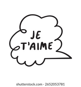 Je T'aime. Ou te amo em francês. Contornar o design vetorial. Ilustração de rabiscar sobre fundo branco.