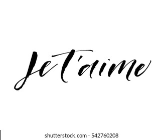 Je t'aime postcard. I love you in French. Phrase for Valentine's day. Ink illustration. Modern brush calligraphy. Isolated on white background.