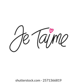 Je t'aime. Simple handwritten phrase "I love you" in French language. Lettering. Minimalist calligraphy.