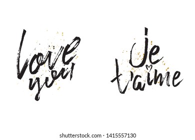 Je t'ame. I love you in french. Hand drawn lettering. T shirt print