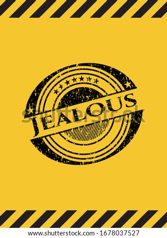 Jealous black grunge emblem inside yellow warning sign. Vector Illustration. Detailed.