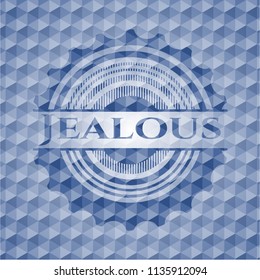 Jealous blue emblem with geometric background.