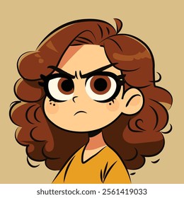 Jealous Cartoon Girl Expression – Cute Character with Curly Hair and Fierce Emotions