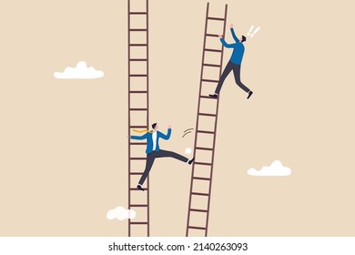 Jealous colleague or coworker envy for other being better or promoted, loser cheating competition or office politic dirty and dishonesty concept, businessman loser kick winner ladder to make him fall.