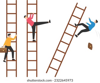 Jealous colleagues or coworkers envy others for being better or promoted, Loser cheating competition or office politics dirty and dishonesty, Loser kicks the winner ladder to make him fall


