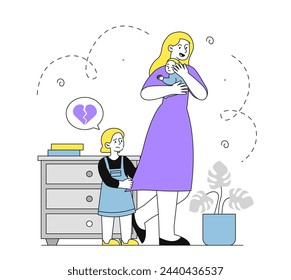 Celosa hija lineal. Mujer con hijo a manos y niña llorando. Sentimientos y emociones negativas. Malas relaciones familiares. Doodle ilustración vectorial plana aislada sobre fondo blanco