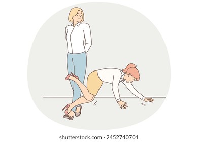 Jealous female employee put leg make colleague fall down. Envious woman worker chip coworker. Rivalry and competition. Vector illustration.