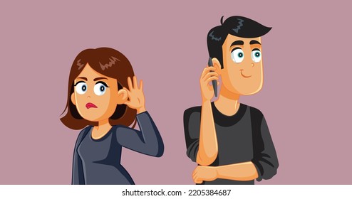 
Jealous Girlfriend Spying On Her Boyfriend Phone Call Vector Cartoon. Snoopy Curious Wife Spying On Her Husband While Talking On His Mobile 
