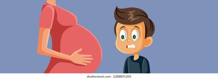 
Jealous Little Brother Preparing to Meet Baby Sibling Vector Cartoon. Boy surprised by baby kicking in the belly of his mom
