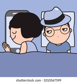 Jealous Man Noticing His Wife Lying Next To Him Hugging Her Smartphone  Not Him Concept Card Character illustration