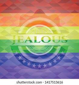 Jealous on mosaic background with the colors of the LGBT flag