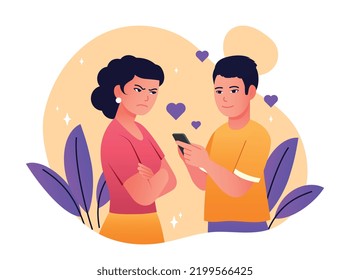 Jealous people concept. Man chatting on smartphone, young girl looks at him angrily. Problems in relations, quarrels and scandals. Lies, pretense and deceit. Cartoon flat vector illustration