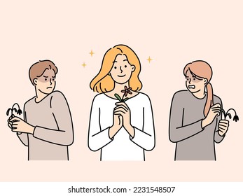 Jealous people look at happy positive woman holding blooming flower in hands. Angry persons envy smiling optimistic girl enjoying life. Vector illustration. 