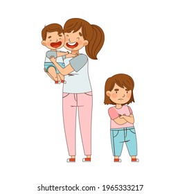 Hermana Jealous Manos plegables cerca de la madre jugando con su pequeño hermano como Vector de Relaciones Familiares Ilustración