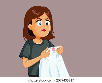 Jealous Woman Holding Lipstick-Stained Shirt Vector Cartoon. Wife finding out about unfaithful husband having an extramarital affair
