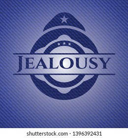 Jealousy badge with denim background. Vector Illustration. Detailed.