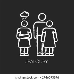 Jealousy chalk white icon on black background. betrayal in romantic relationship. Conflict between man and woman. Rivalry situation. Feeling envious. Isolated vector chalkboard illustration