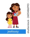 Jealousy - concept of emotion. Disgruntled little girl watches her mother hold baby in her arms. Learning English language. Children psychology. Cute cartoon character