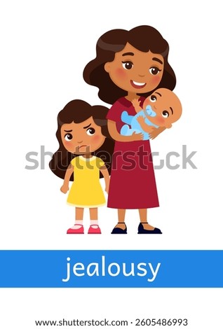 Jealousy - concept of emotion. Disgruntled little girl watches her mother hold baby in her arms. Learning English language. Children psychology. Cute cartoon character