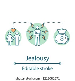 Jealousy concept icon. Resentment, anger idea thin line illustration. Envy. Vector isolated outline drawing. Editable stroke