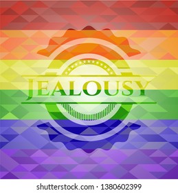 Jealousy emblem on mosaic background with the colors of the LGBT flag