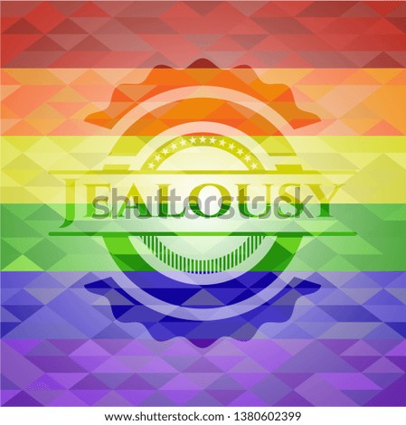 Jealousy emblem on mosaic background with the colors of the LGBT flag