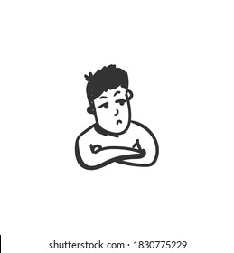 Jealousy feeling. Jealous man icon. Outline sketch drawing. Human emotions and feelings concept. Obstinacy, annoyance or resentment expression. Isolated vector illustration