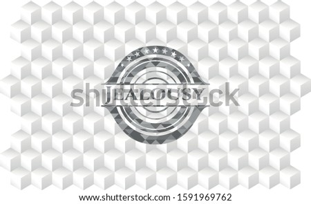 Jealousy grey badge with geometric cube white background