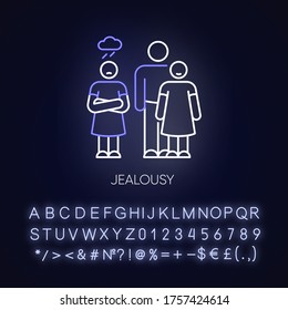 Jealousy neon light icon. Betrayal in romantic relationship. Conflict between man and woman. Outer glowing effect. Sign with alphabet, numbers and symbols. Vector isolated RGB color illustration