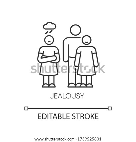 Jealousy pixel perfect linear icon. Betrayal in relationship. Conflict between man and woman. Thin line customizable illustration. Contour symbol. Vector isolated outline drawing. Editable stroke