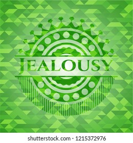 Jealousy realistic green emblem. Mosaic background