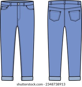 Frauenjean-Rassen. Vorn und hinten. Fashion CAD. Denim Verschleiß. Vektorgrafik.