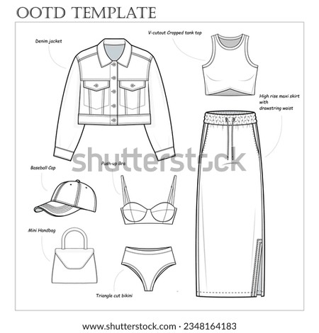 Jean jacket stylish Look. OOTD template. technical fashion illustration. denim jacket, sporty cargo maxi skirt, cropped tank top, baseball hat, mini handbag, bra, bikini, vector template, CAD mockup.