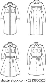 Jean long sleeve dress flat sketch. Denim gown apparel design. Women CAD mockup. Fashion technical drawing template. Vector illustration.