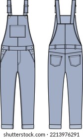 Jean overall flat sketch. Denim jumpsuit apparel design. Front back. Women CAD mockup. Fashion technical drawing template. Vector illustration.