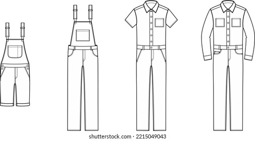 Jean overall set flat sketch. Denim jumpsuit apparel design. Front view. Men CAD mockup. Fashion technical drawing template. Vector illustration.