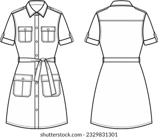 Vestido de safari femenino con manga corta. Delante y atrás. CAD de moda. Ilustración vectorial.