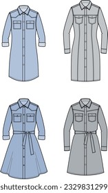 Jean shirt dress with long sleeve flat sketch. Denim wear apparel design. Women CAD mockup. Fashion technical drawing template. Vector illustration.