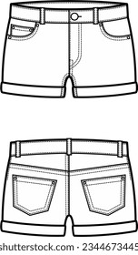 Jean shorts flat sketch. Denim pants apparel design. Front and back. Women CAD mockup. Fashion technical drawing template. Vector illustration.