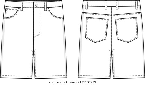 Jean Shorts Flat Technical Drawing Illustration Five Pocket Classic Blank Streetwear Mock-up Template for Design and Tech Packs CAD Denim