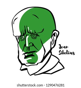 Jean Sibelius engraved vector portrait with ink contours. Finnish composer and violinist of the late Romantic and early-modern periods.
